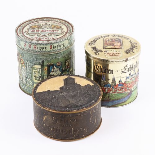 Lebkuchendosen de alrededor de 1900, Nuremberg, redondo, 3 piezas, 1x lata, Metz&hellip;