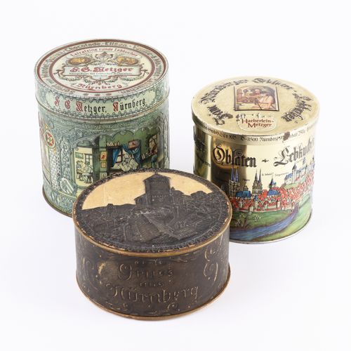 Lebkuchendosen from around 1900, Nuremberg, round, 3 pcs., 1x tin box, Metzger, &hellip;