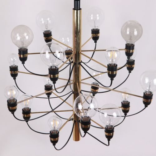 Deckenlampe 意大利，根据'Rolly'1976，编号1265，黄铜/玻璃，管状悬挂，18个灯泡交错排列在3层，18个火焰，可以工作，高约113厘米。
