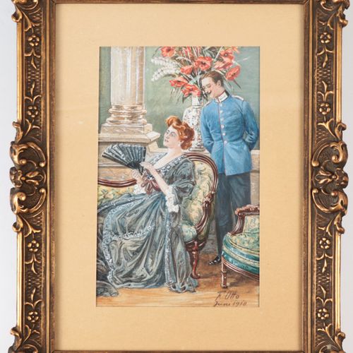 Otto, F. "Scène de salon", pastel/papier, utilisation harmonieuse de tons bleus,&hellip;