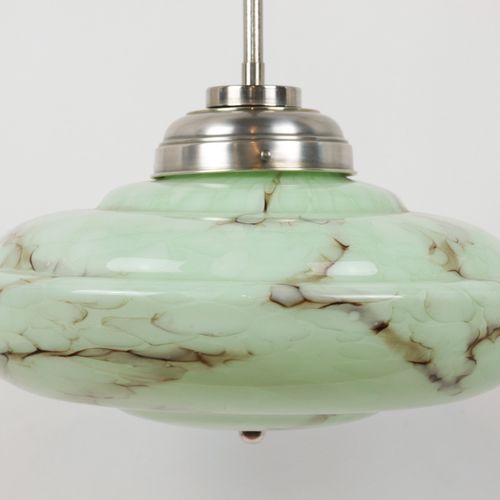 Art déco - Deckenlampe metal/glass, rod-shaped suspension, green-marbled lampsha&hellip;