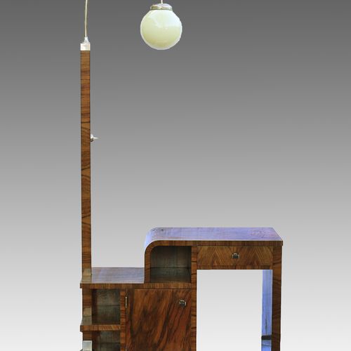 Lampentisch - Art dèco 胡桃木贴面/金属/玻璃，不对称，滑轨和立方体脚，部分有骨，不对称的正面，左边有2个储藏室，1个门，右边上面有一个储&hellip;