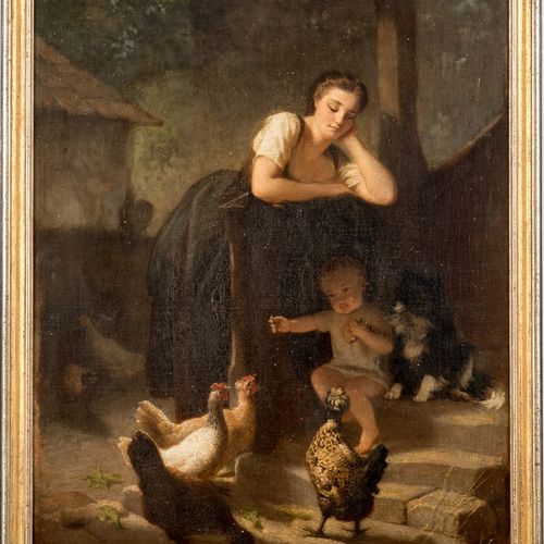Null 
罗德，卡尔二世 (1840 - 1891)
布面油画，加倍。年轻母亲带着孩子和狗，正在喂鸡。左下方有签名。61 x 46厘米。框架66 x 51厘米&hellip;