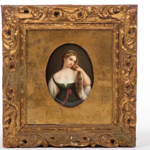 Null 
Porzellan-Gemälde "Porträt einer jungen Frau"
 Ovale Bildplatte. Kniestück&hellip;