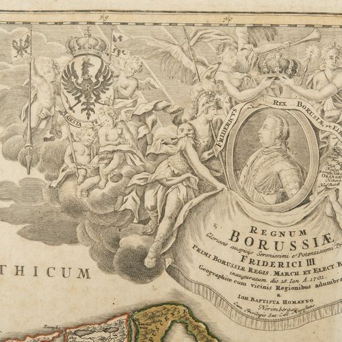 Null 
霍曼-约翰-巴普蒂斯塔(1664-1724)
 地图 "Borussiae"，玻璃下的框架。 左上角有小斑点，有坑洼。55 x 62厘米。玻璃框架，&hellip;