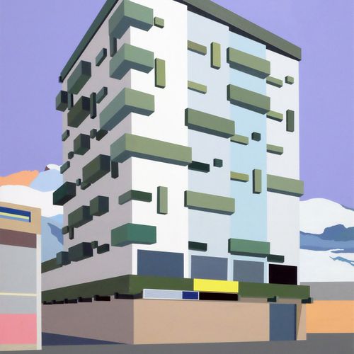 Marion Sagon Marion Sagon, Géometric building & Purple Sky, Acrylique sur contre&hellip;