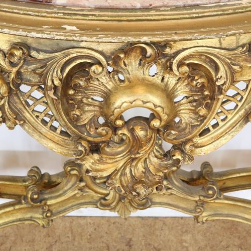 Verguld Louis XV-stijl console tafel 路易十五风格的镀金控制台，大理石桌面，4条弧形腿由规则连接，高88，宽137，长50厘&hellip;