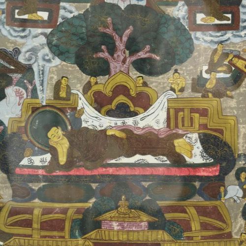 Zijde tange, Tibet Peinture thangka en partie en soie, avec la vie de Bouddha, T&hellip;