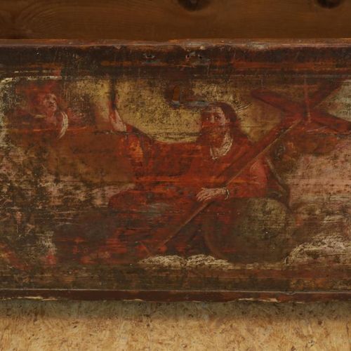 Vurenhouten beschilderde dekselkist 松木柜子，有画有十字架的基督的装饰，18世纪，高54，宽175，长50厘米。(锁板丢失，&hellip;
