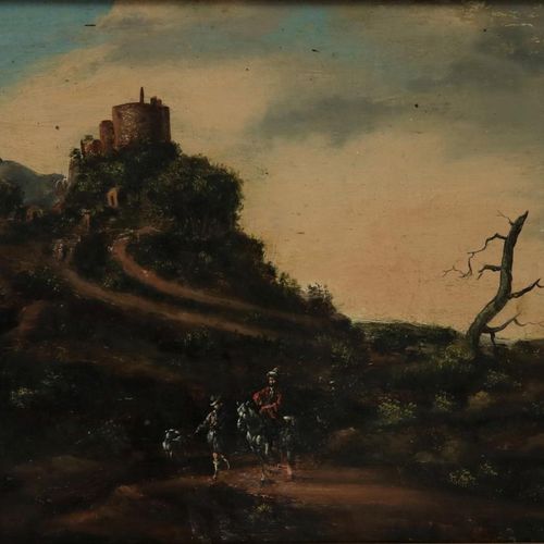 Onbekend, reizigers bij ruïne, paneel Ignoto, XVIII secolo, Viaggiatori in un pa&hellip;