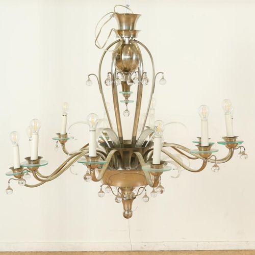 Verchroomde 12-lichts hangkroon Chromed 12-light hanging crown with glass rings &hellip;