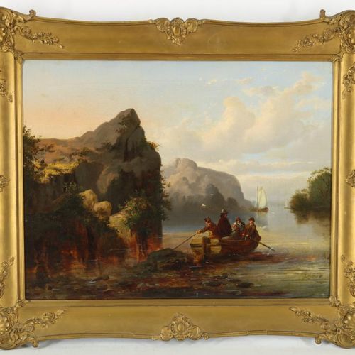 Berglandschap met boten J. Van VELSEN 维尔岑，约翰内斯-佩特鲁斯（1816-1853），有船的山景"，布面油画，支持画布，&hellip;