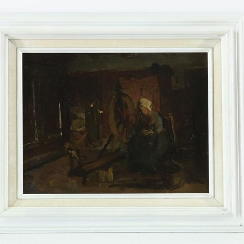 Onbekend, vrouw bij spinnewiel Inconnu, non signé, Figure avec rouet, toile 24 x&hellip;