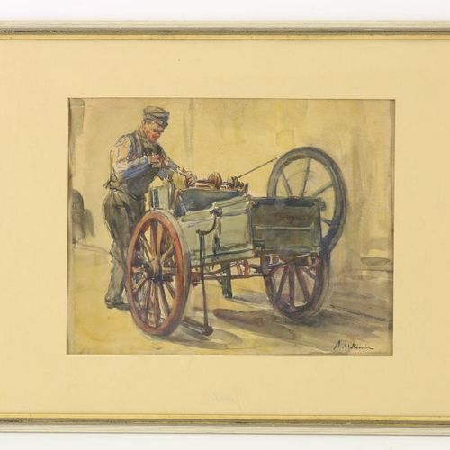 Riviere, Adriaan La. Messenslijper RIVIERE LA ADRIANUS (1857-1941)，签名左上角，磨刀器，水彩画&hellip;