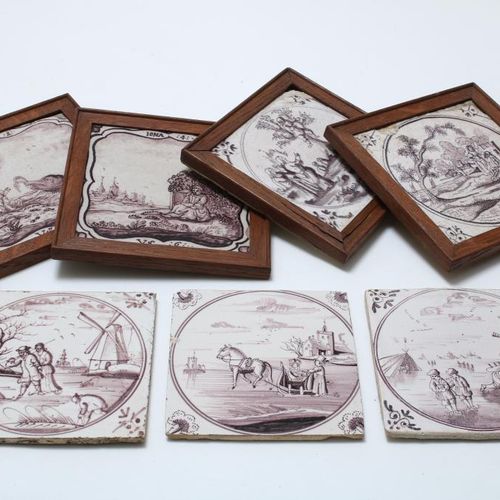Lot van 7 mangaan aardewerk tegels 一批7个陶片，18世纪，13 x 13厘米。4块表现圣经的锰质陶片和3块表现冰景的锰质陶片&hellip;