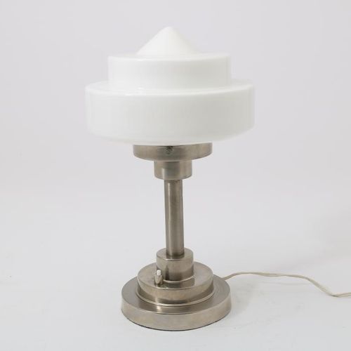 Nikkel Art Deco tafellampje Art Deco table lamp with white glass lamp shade, h. &hellip;