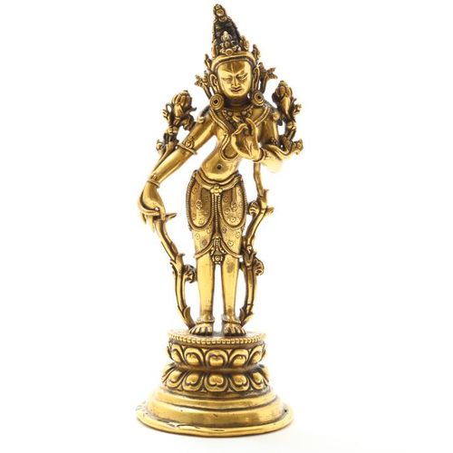 Bronzen altaar figuurtje, Tibet Figura de bronce, Tara de pie con 2 flores de lo&hellip;