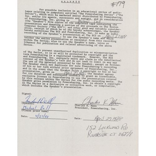 Michael Dell Document Signed DS, une page, 8,5 x 11, 27 avril 1988. Dell consent&hellip;