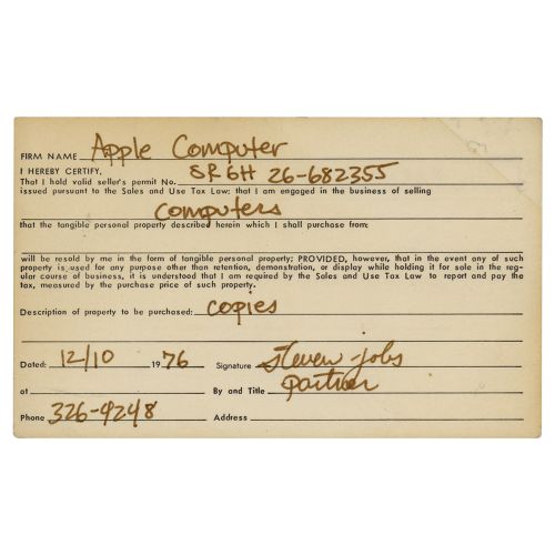 Steve Jobs 1976 Document Signed Partly-printed DS, signed â€œsteven jobs,â€ one&hellip;