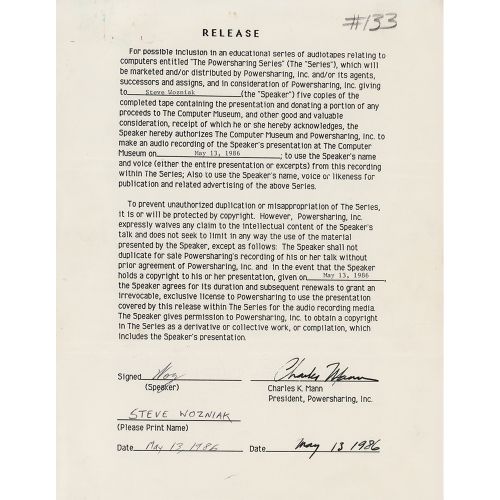 Steve Wozniak Document Signed DS, signé en cursive, "Woz", et en caractères d'im&hellip;