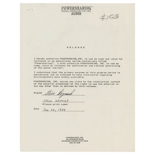 Steve Wozniak Document Signed DS，一页，8.5 x 11，1984年1月26日。沃兹尼亚克同意发布他于1983年9月24日在纽约&hellip;