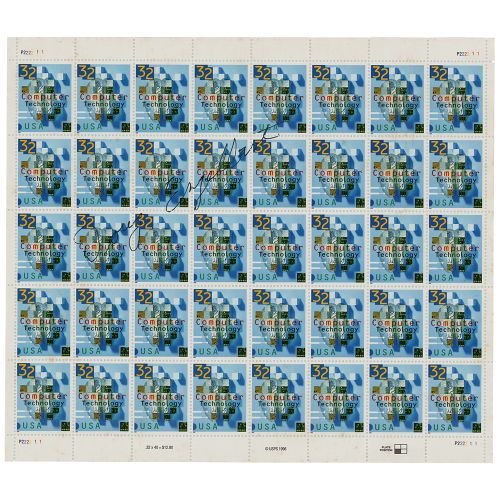 Douglas Engelbart Signed Stamp Block Complete block of forty 32-cent "Computer T&hellip;