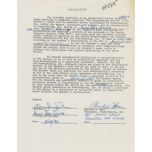 Alvy Ray Smith Document Signed DS，一页，8.5 x 11，1990年3月29日。史密斯同意发布他在波士顿计算机协会1990年3&hellip;