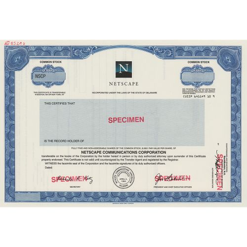 Netscape Stock Certificate Seltenes, nicht ausgestelltes Musterzertifikat für di&hellip;