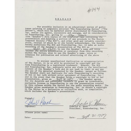 John Roach Document Signed DS，签名为 "约翰-V-罗奇"，一页，8.5 x 11，1987年9月30日。罗奇同意发布他于1987年&hellip;