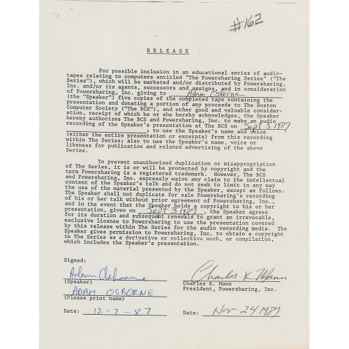 Adam Osborne Document Signed DS，一页，8.5 x 11，1987年12月2日。奥斯本同意发布他于1987年9月3日在波士顿计算机&hellip;