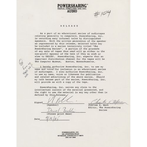 Dan Bricklin Document Signed DS，一页，8.5 x 11，1985年9月19日。布里克林同意发布他于1985年9月18日在NYPC&hellip;