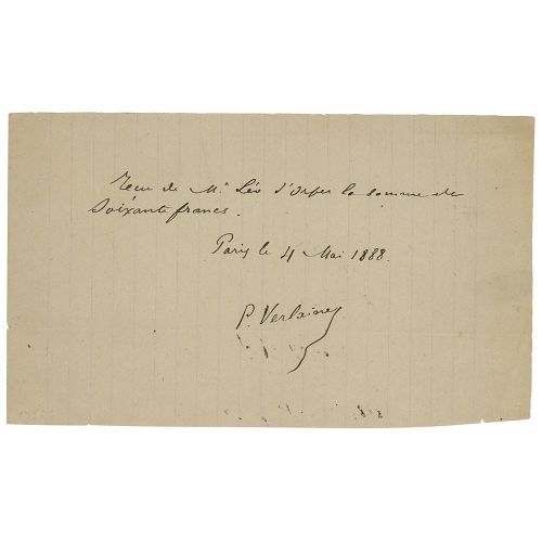 Paul Verlaine Autograph Document Signed 法文版ADS，署名 "P. Verlaine"。一页，7.75 x 4.5，18&hellip;