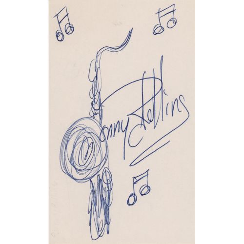 Null 桑尼-罗林斯在一张3 x 5的白色卡片上完成的萨克斯风和音符的圆珠笔素描原作，签名为 "桑尼-罗林斯"，并将萨克斯风作为 "S "纳入他的签名。状态非&hellip;