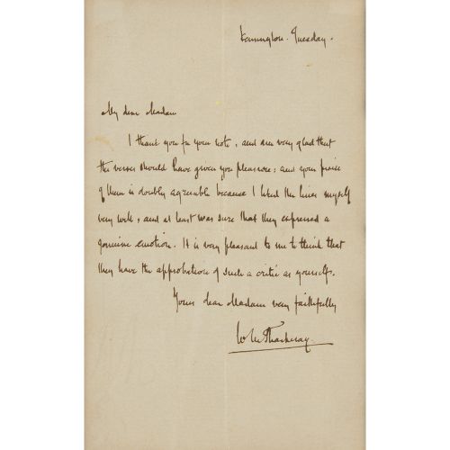ALS signé "W. M. Thackeray", une page, 4,25 x 6,75, sans date. Lettre manuscrite&hellip;