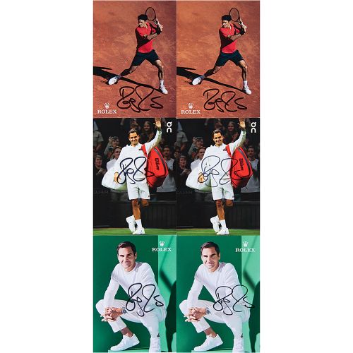 Roger Federer (6) Signed Promo Cards 六张劳力士和优衣库的彩色宣传卡，4 x 5.75，每张都有罗杰-费德勒用黑色毡尖签名。&hellip;