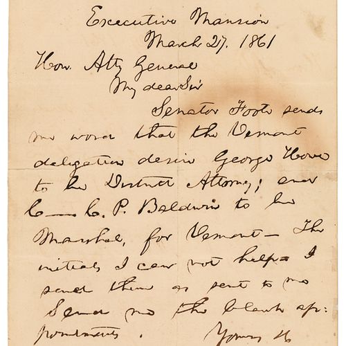 es bonito Él Fabricación ALS firmado "A. Lincoln," una página, 5 x 8, 27 de marzo de 1861. Carta  manuscrita desde la "Executive Mansion", enviada al Fiscal General Edward  Bates. En su totalidad: "El Senador Foote