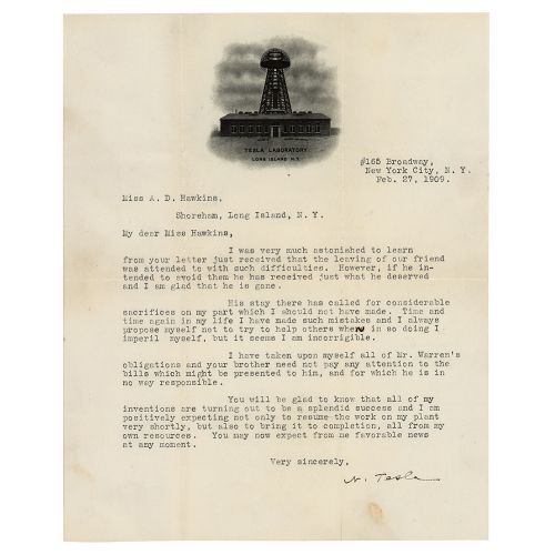 Nikola Tesla Typed Letter Signed on Inventions Lettera firmata "N. Tesla", una p&hellip;