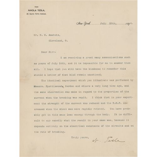 Nikola Tesla Typed Letter Signed on Induction Coil Experiments TLS signed â€œN. &hellip;