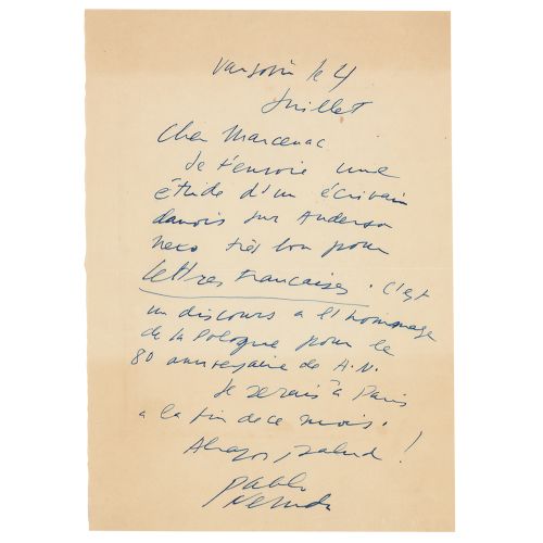 Pablo Neruda Autograph Letter Signed Poète et homme politique chilien (1904-1973&hellip;