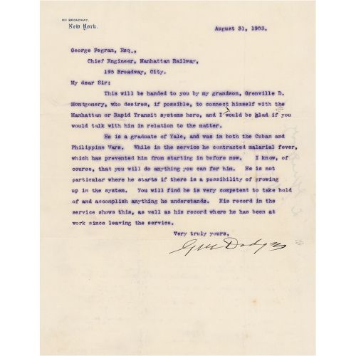 Grenville M. Dodge Typed Letter Signed Soldat et homme d'affaires (1831-1916), p&hellip;