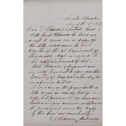 Andrew Johnson Civil War-Dated Autograph Letter Signed on a Colonel's Appointmen&hellip;