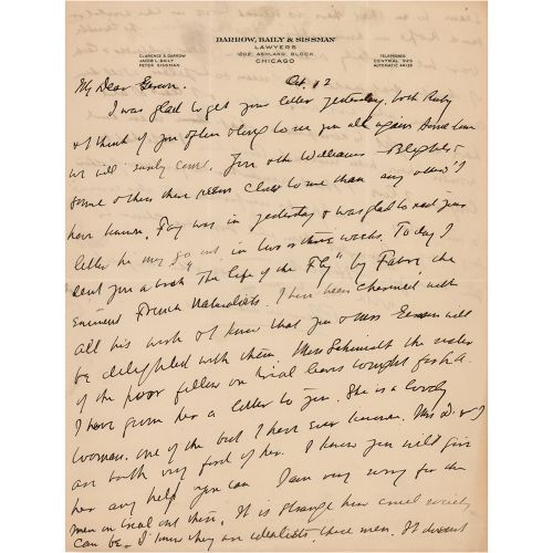 Clarence Darrow Autograph Letter Signed: "I am very sorry for the men on trial o&hellip;
