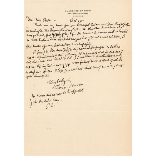 Clarence Darrow Autograph Letter Signed ALS, une page, 7,25 x 10,5, papier à en-&hellip;