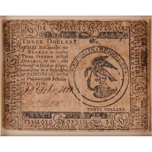 Colonial Currency (3) Notes (1776-1786) Handsome display featuring three pieces &hellip;