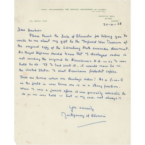Montgomery of Alamein Autograph Letter Signed - "There are times when one disobe&hellip;