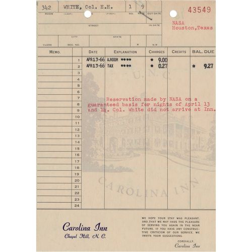 Edward H. White II Autograph Note Signed on Hotel Booking for Celestial Navigati&hellip;