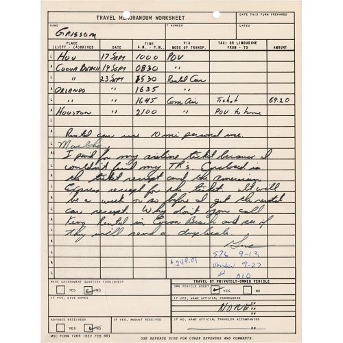 Gus Grissom Autograph Document Signed - Travel Memorandum Worksheet Feuille de t&hellip;