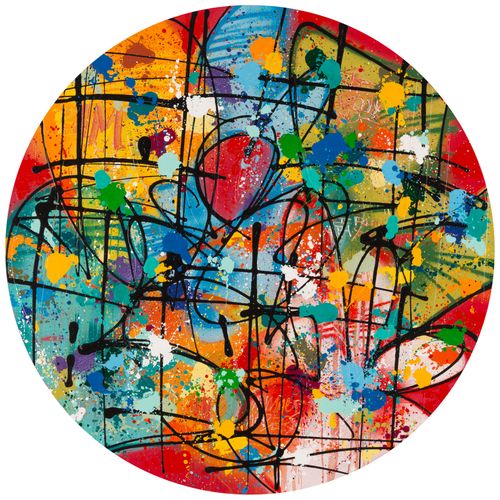 Nebay Fire Circle, 2021, Acryl und Sprühfarbe auf runder Leinwand, 120 x 120 cm.&hellip;
