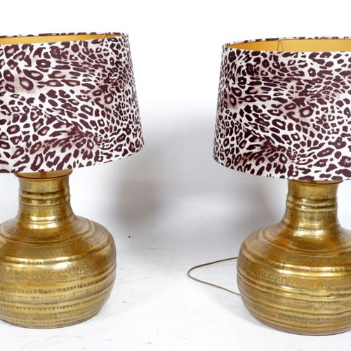 Null 2 Gold-coloured metal lamp bases with leopard fabric lampshades, h.70 x dia&hellip;