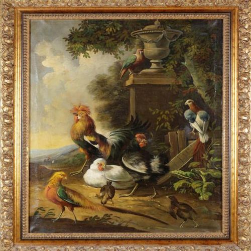 Null Maître inconnu, Volailles dans un paysage, huile sur toile, 80 x 60 cm.